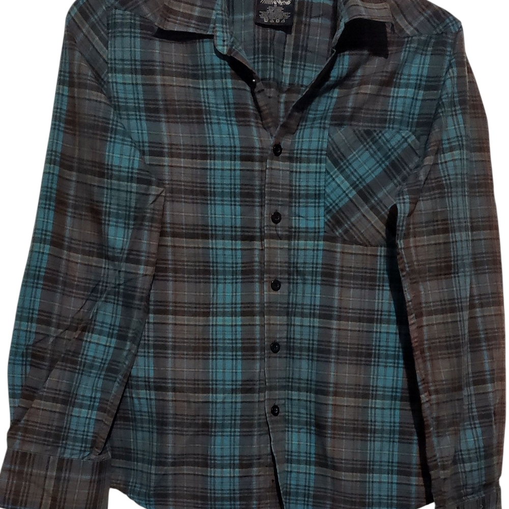 Boys Medium Green Plaid Long Sleeve Button-Down Shirt ShoutHouse